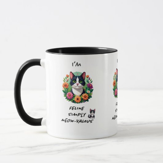 Tuxedo cat floral FELine meow-valous  マグカップ (左)
