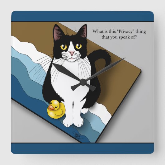 Tuxedo Cat Funny Bathroom Privacy Blue スクエア壁時計 (正面)