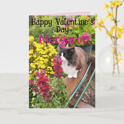 Tuxedo Cat Funny Red Yellow Valentines Wifes Name カード (黄色い花)