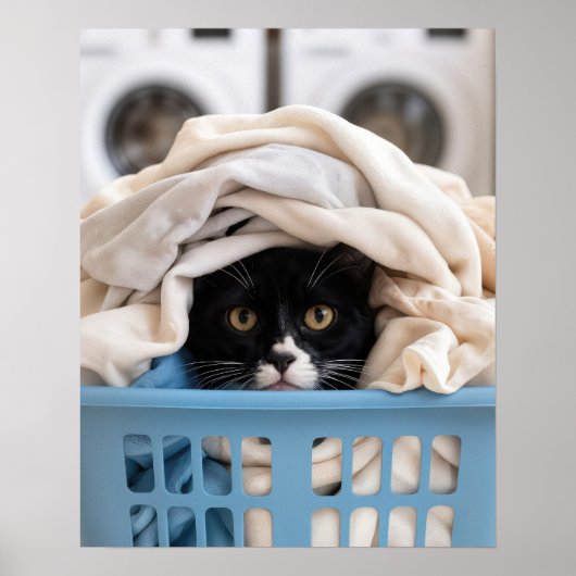 Tuxedo Cat Hiding in Laundry Basket ポスター (正面)