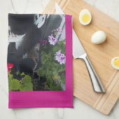 Tuxedo Cat Maroon Dark Pink Cats and Flowers キッチンタオル (四つ折り)