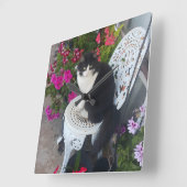 Tuxedo Cat Maroon Dark Pink Cats and Flowers スクエア壁時計 (傾斜)