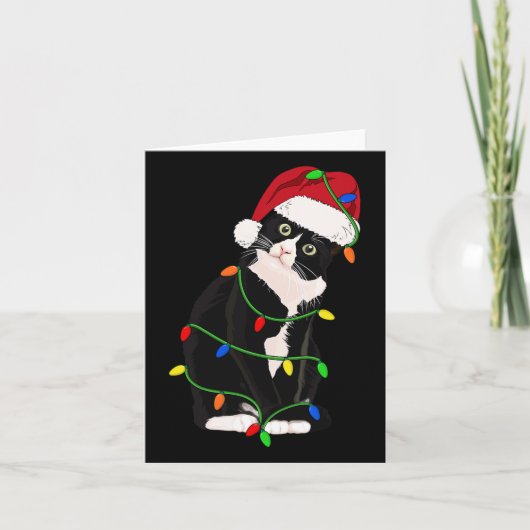 Tuxedo Cat Meow Santa Tuxie Christmas Tree Lights カード (正面)