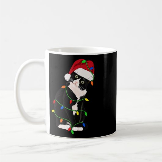 Tuxedo Cat Meow Santa Tuxie Christmas Tree Lights コーヒーマグカップ (左)