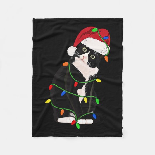 Tuxedo Cat Meow Santa Tuxie Christmas Tree Lights フリースブランケット (正面)