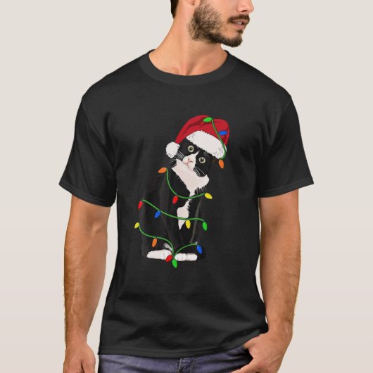 Tuxedo Cat Meow Santa Tuxie Christmas Tree Lights Tシャツ (正面)