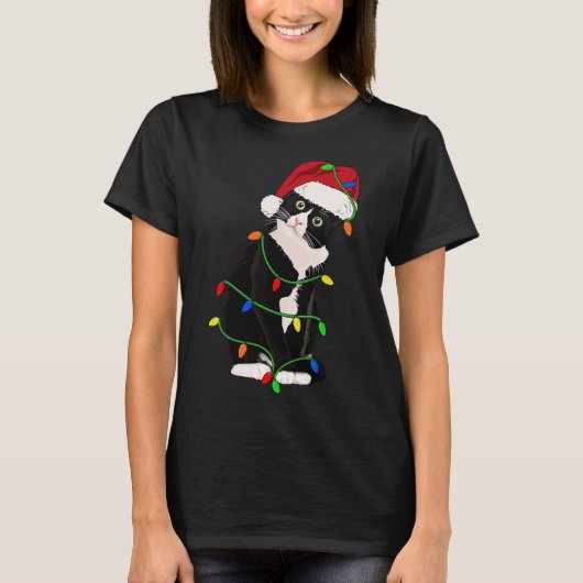 Tuxedo Cat Meow Santa Tuxie Christmas Tree Lights Tシャツ (正面)
