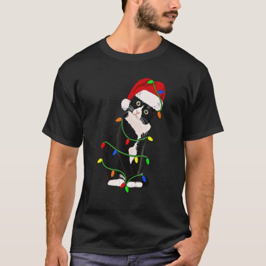 Tuxedo Cat Meow Santa Tuxie Christmas Tree Lights  Tシャツ (正面)