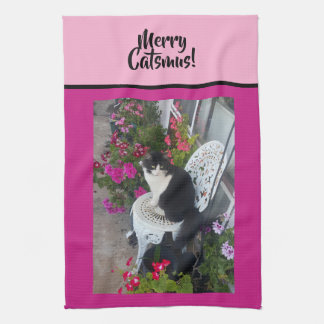 Tuxedo Cat Merry Catsmus Pink Christmas Cats キッチンタオル