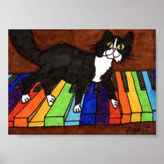 Tuxedo Cat on Rainbow Piano Mini Folk Art ポスター (正面)