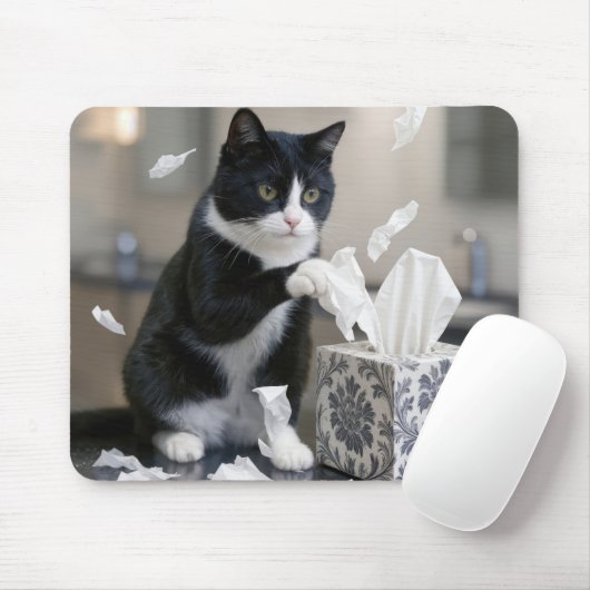 Tuxedo Cat Playing with a Tissue Box マウスパッド (マウス)