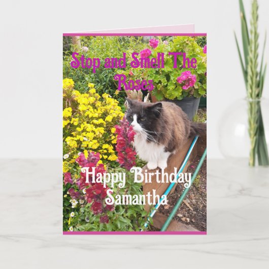 Tuxedo Cat Sniffing Flowers Funny Birthday Roses カード (正面)