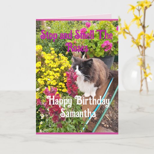 Tuxedo Cat Sniffing Flowers Funny Birthday Roses カード (黄色い花)