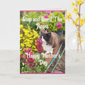 Tuxedo Cat Sniffing Flowers Funny Mothers Day Pink カード (黄色い花)