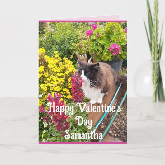 Tuxedo Cat Sniffing Flowers Funny Valentines Day カード (正面)
