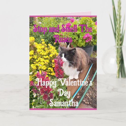 Tuxedo Cat Sniffing Flowers Funny Valentines Day カード (正面)