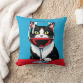 Tuxedo Cat Staring Through a Wine Glass クッション (ブランケット)