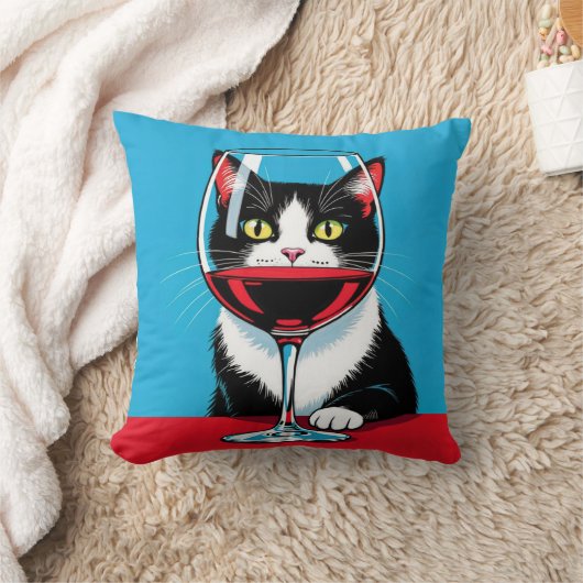 Tuxedo Cat Staring Through a Wine Glass クッション (ブランケット)