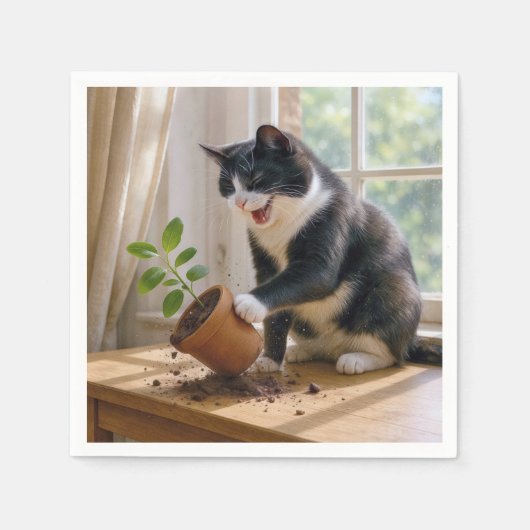 Tuxedo Cat Toppling a Potted House Plant スタンダードカクテルナプキン (正面)