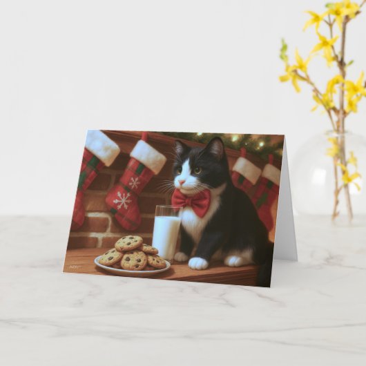Tuxedo Cat Waiting for Santa カード (黄色い花)