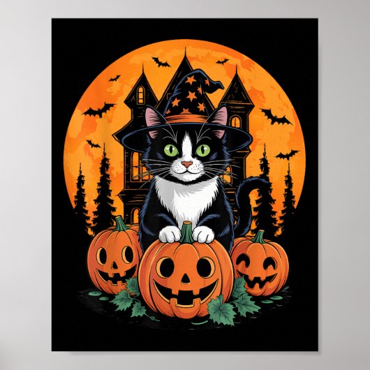Tuxedo Cat Witch Hat Halloween Y Jack O Lantern Pu ポスター (正面)