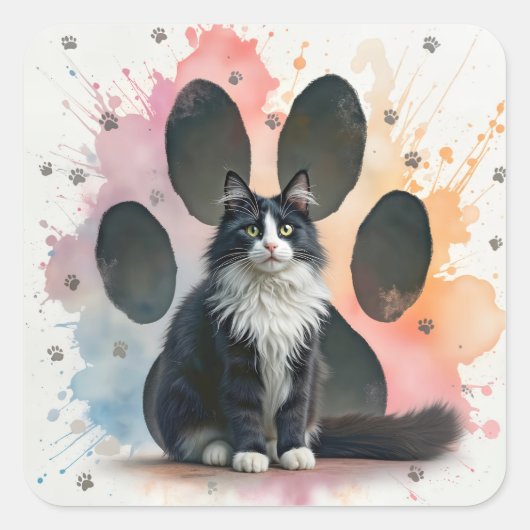 Tuxedo Cat with a Paw Print Background スクエアシール (正面)