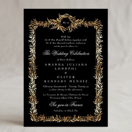 tuxedo gold botanical frame monogram wedding 招待状