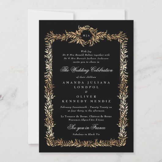 tuxedo gold botanical frame monogram wedding 招待状 (正面)