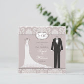 Tuxedo & Gown on pink gray damask結婚式 招待状 (スタンド正面)