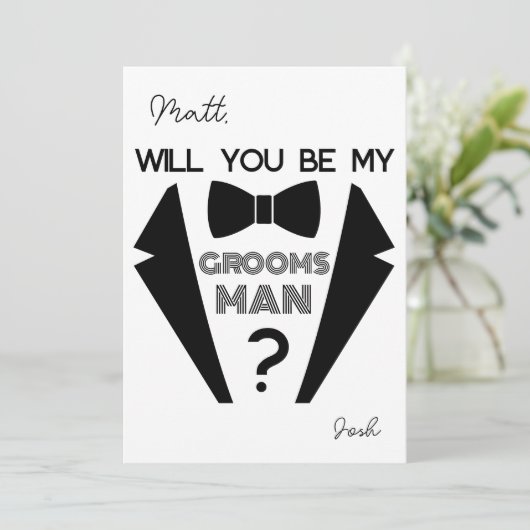 Tuxedo groomsmen白黒プロポーザルのカード 招待状 (スタンド正面)