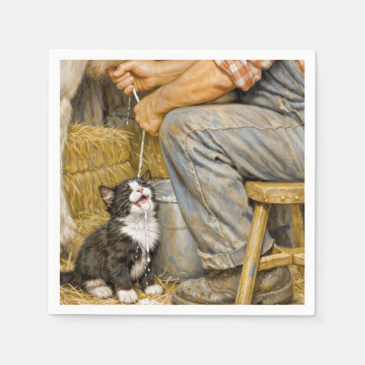 Tuxedo Kitten Drinking Cow Milk スタンダードカクテルナプキン (正面)