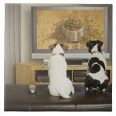 TVの食糧が付いている犬の皿を見ている犬 タイル (正面)