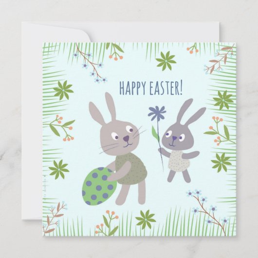 Twee paashaasjes met ei en bloem. カード (正面)