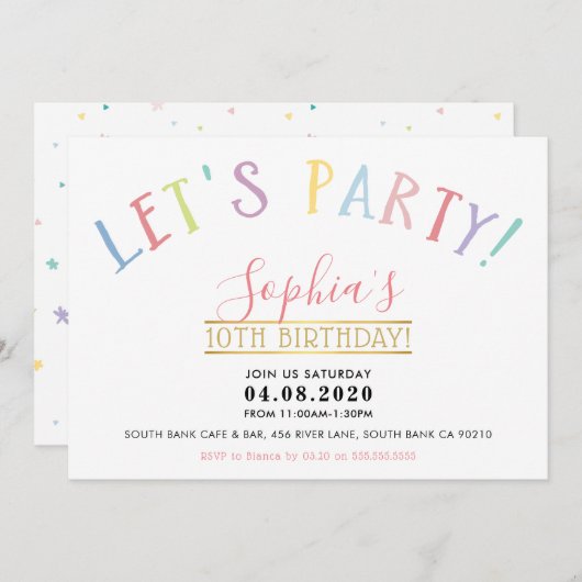 TWEEN BIRTHDAY PARTYパステルのカラーレットパーティー 招待状 (正面/裏面)