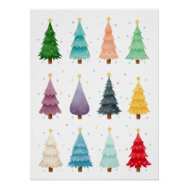 Twelve Festive Christmas Trees, watercolor ポスター