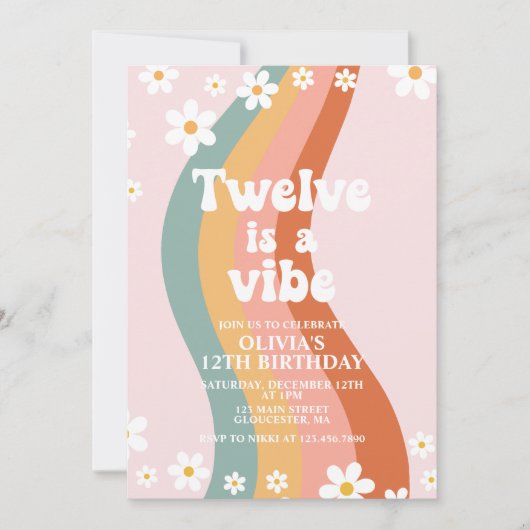 Twelve is a Vibe グルーヴィーレインボー12歳の誕生日おめでとう 招待状 (正面)