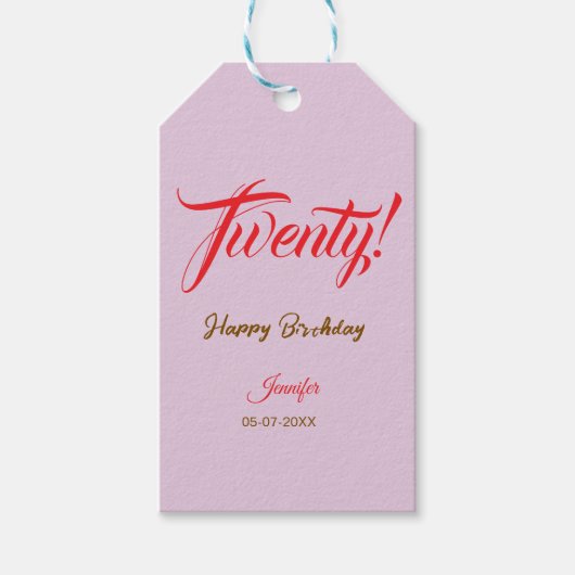 twenty20レター 誕生日 名前 日付 年齢 赤 ギフトタグ (正面)