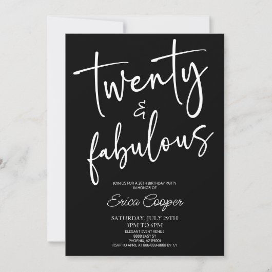 Twenty & Fabulous Minimal 20th Birthday Party 招待状 (正面)