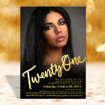 Twenty one 21st Birthday custom photo script gold 箔招待状<br><div class="desc">Modern simple and stylish, Twenty One bold gold foil script text or your own foil color birthday invite. Personalize this milestone coming of age 21st birthday party script photo birthday invitation with your own birthday party event details, and a photo of your birthday girl or boy. Other years and matching...</div>