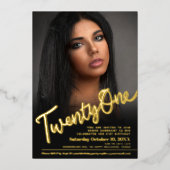 Twenty one 21st Birthday custom photo script gold 箔招待状 (正面)