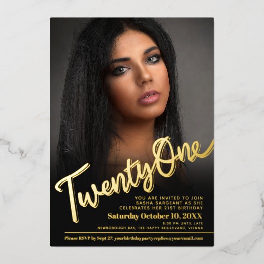 Twenty one 21st Birthday custom photo script gold 箔招待状 (正面)