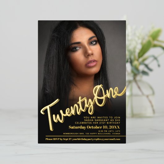 Twenty one 21st Birthday custom photo script gold 箔招待状 (立ち正面)
