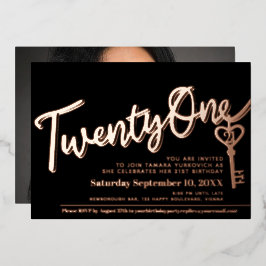 Twenty One 21th Birthday鍵黒金ゴールド写真 箔招待状