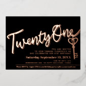 Twenty One 21th Birthday鍵黒金ゴールド写真 箔招待状 (正面)