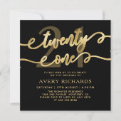 Twenty One Elegant Gold Script Black 21st Birthday 招待状 (正面)