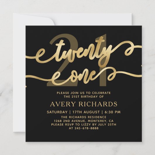 Twenty One Elegant Gold Script Black 21st Birthday 招待状 (正面)