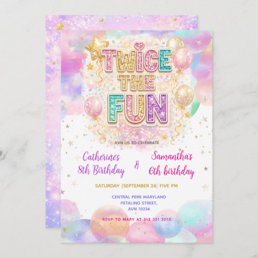 Twice the Fun Pastel Glitter Double Birthday 招待状 (正面/裏面)