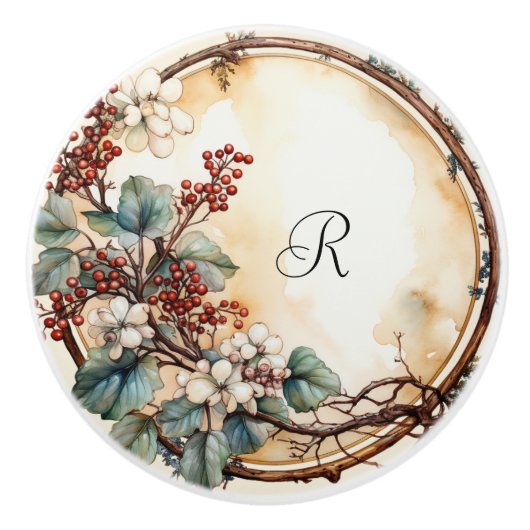 Twigリースかわいらしホワイトフラワーレッドベリー セラミックノブ (正面)