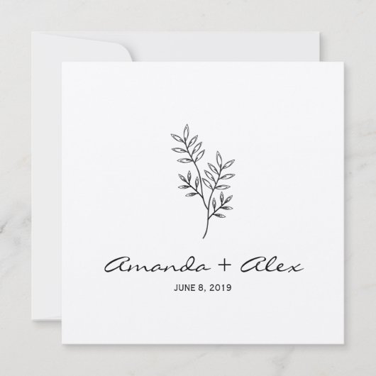 Twigs & Leaves Monogram Black & White Wedding 招待状 (正面)