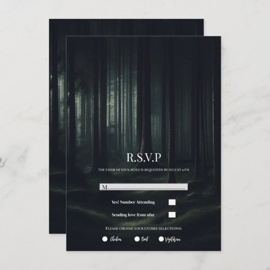 Twilightウェディングで暗いムーディフォレストの木RSVP 招待状 (正面/裏面)